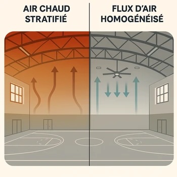 Destratificateur d'air installé sous le plafond d'un entrepôt industriel